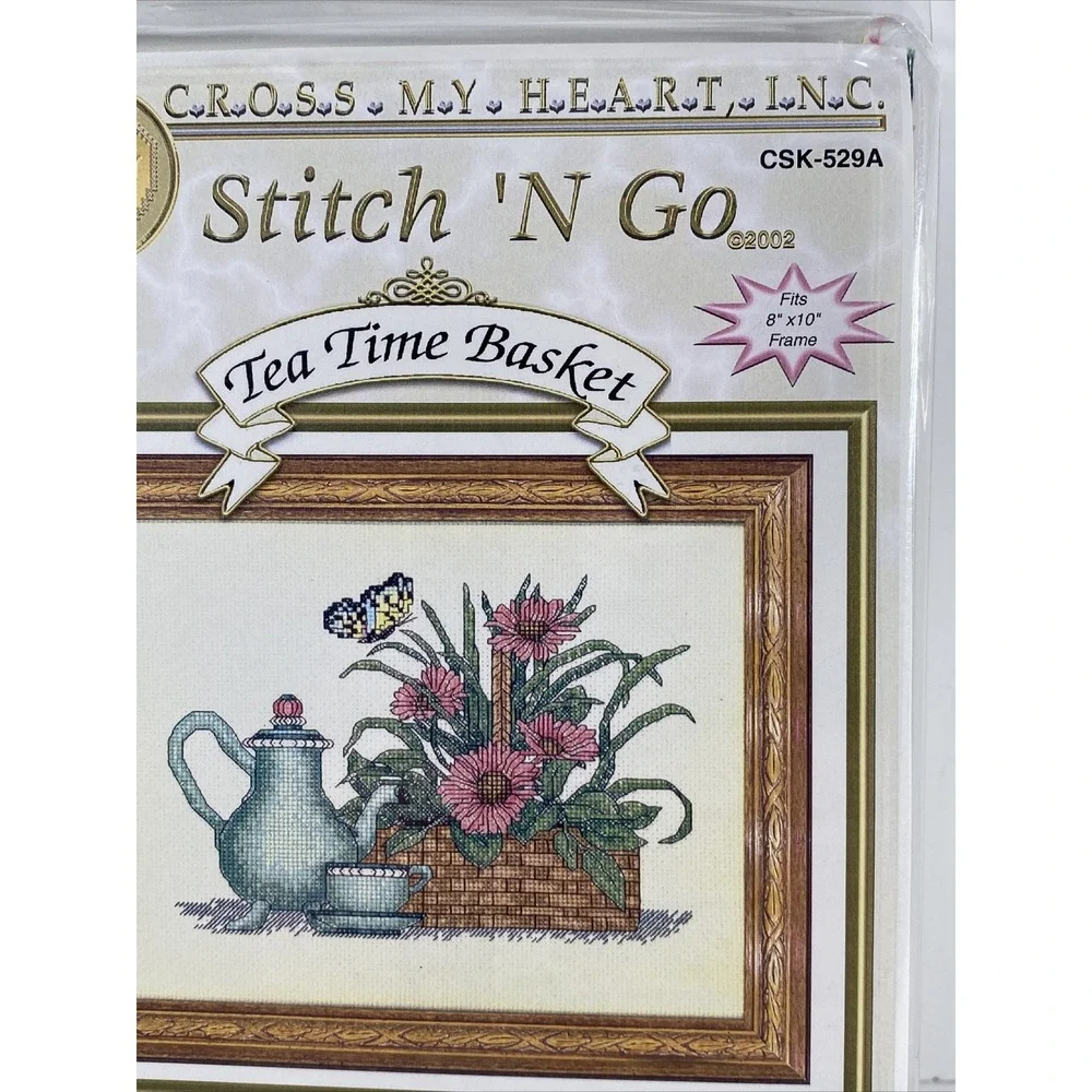 Cross My Heart Stitch 'N Go TEA TIME BASKET Cross Stitch Kit Floral Insect